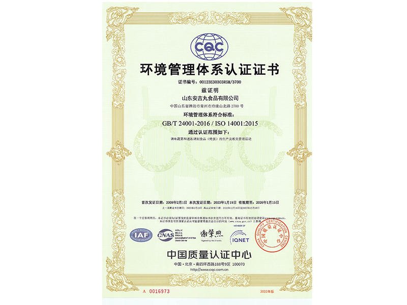 環(huán)境管理體系認(rèn)證證書